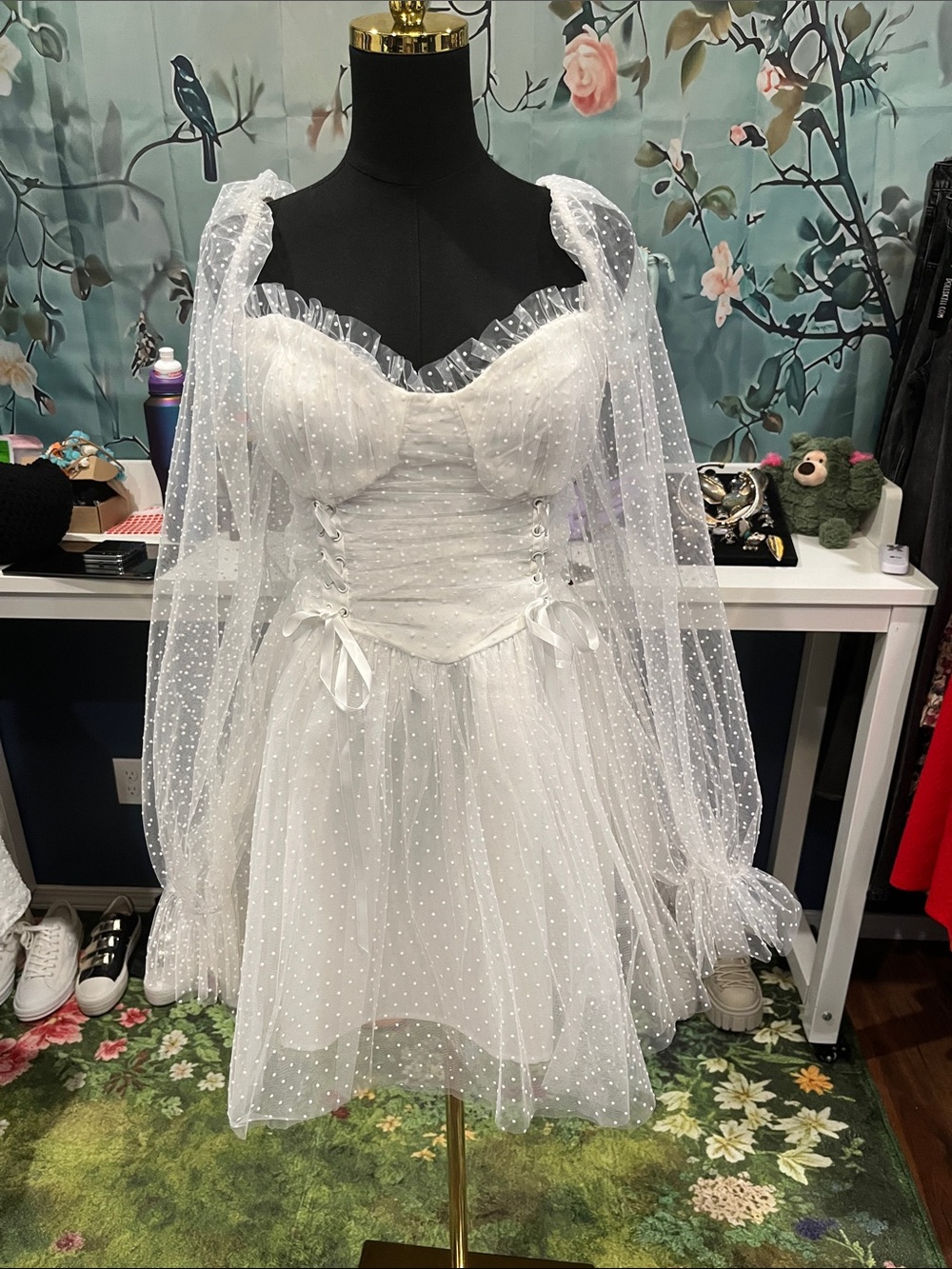 NWOT Sugar Thrillz White Sheer Polka Dot Puff Sleeve Mini Dress